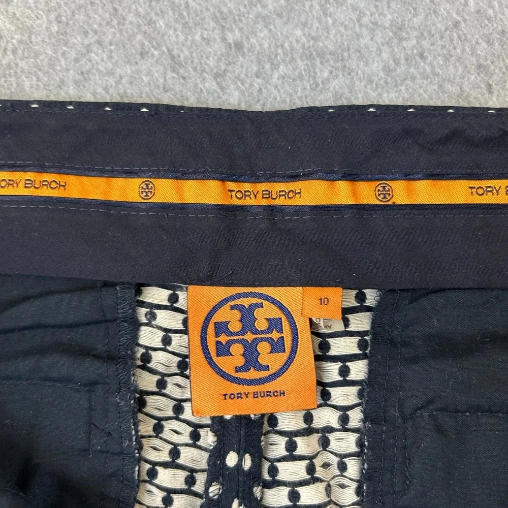 Tory Burch Jacquard Polka Dot‎ Cropped Pants Navy Blue White Slim Leg Womens 10